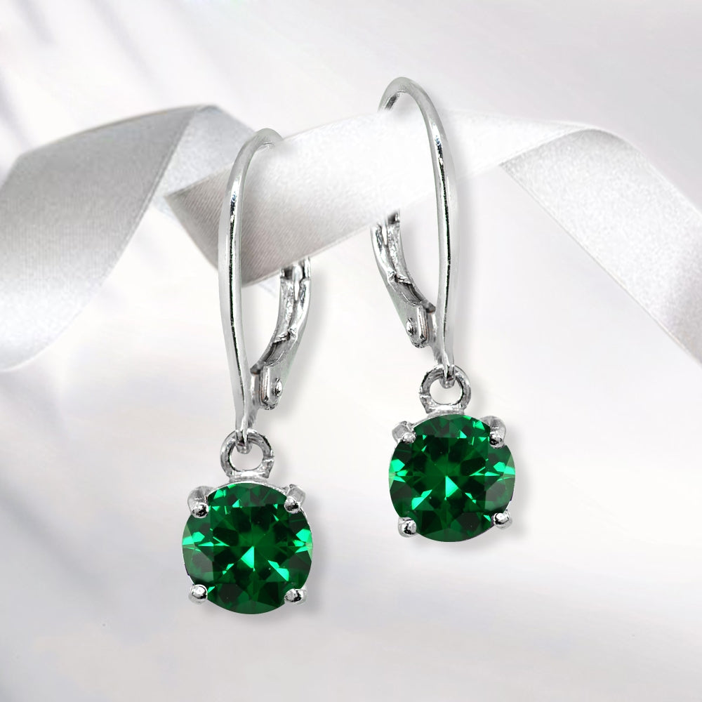 Sterling Silver Created Emerald 6mm Round Dangle Leverback Earrings-4