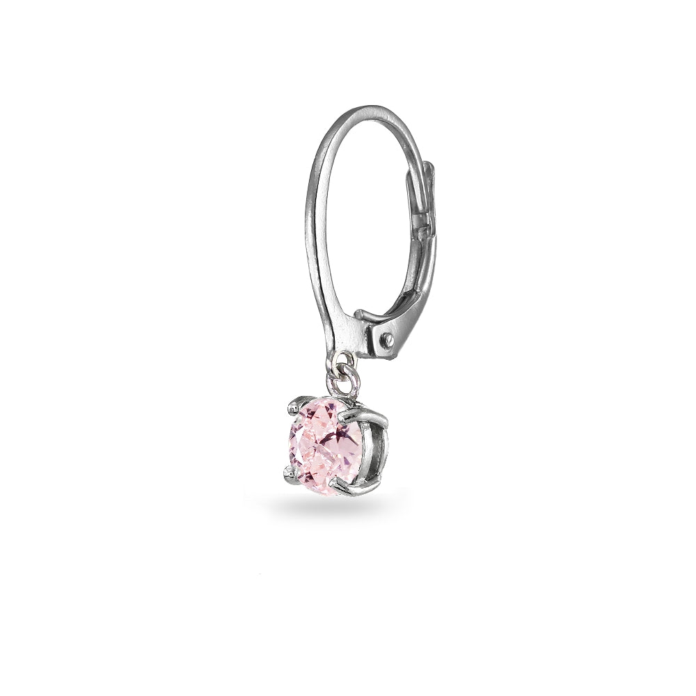 Sterling Silver Created Morganite 6mm Round Dangle Leverback Earrings-2