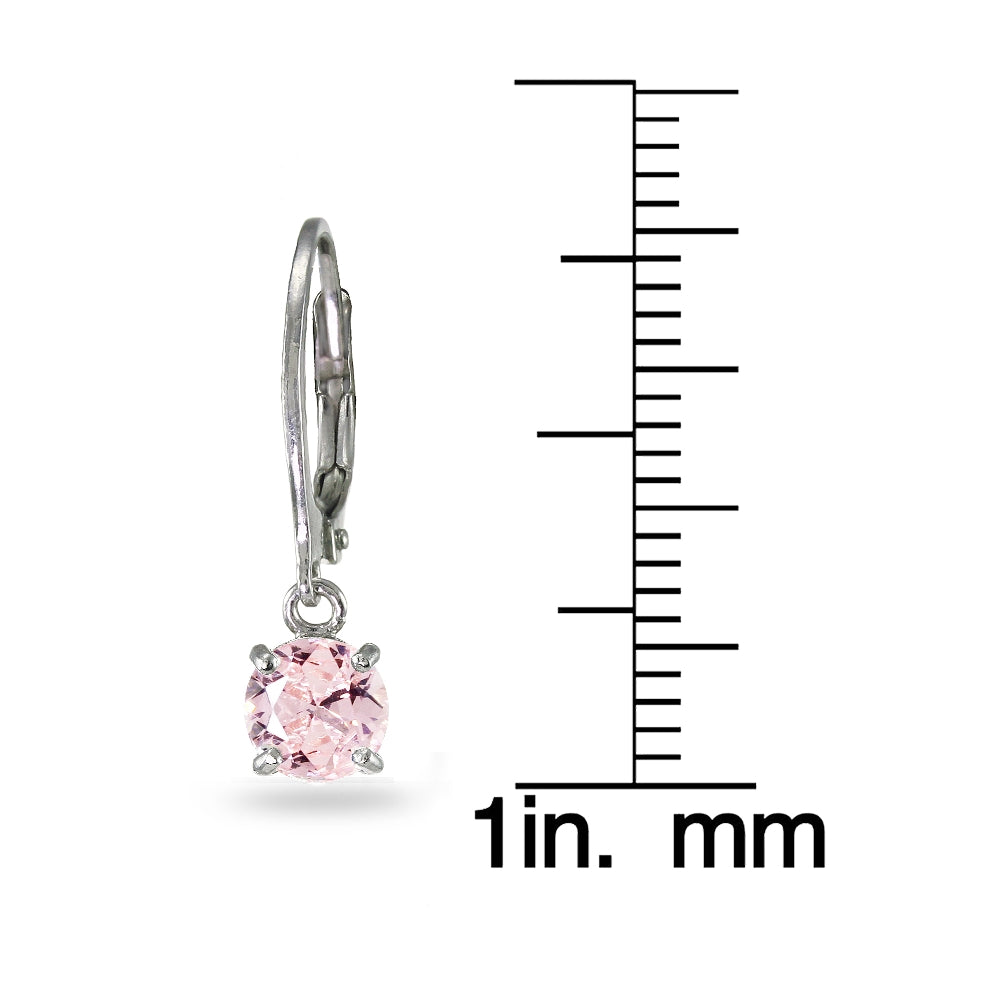 Sterling Silver Created Morganite 6mm Round Dangle Leverback Earrings-3