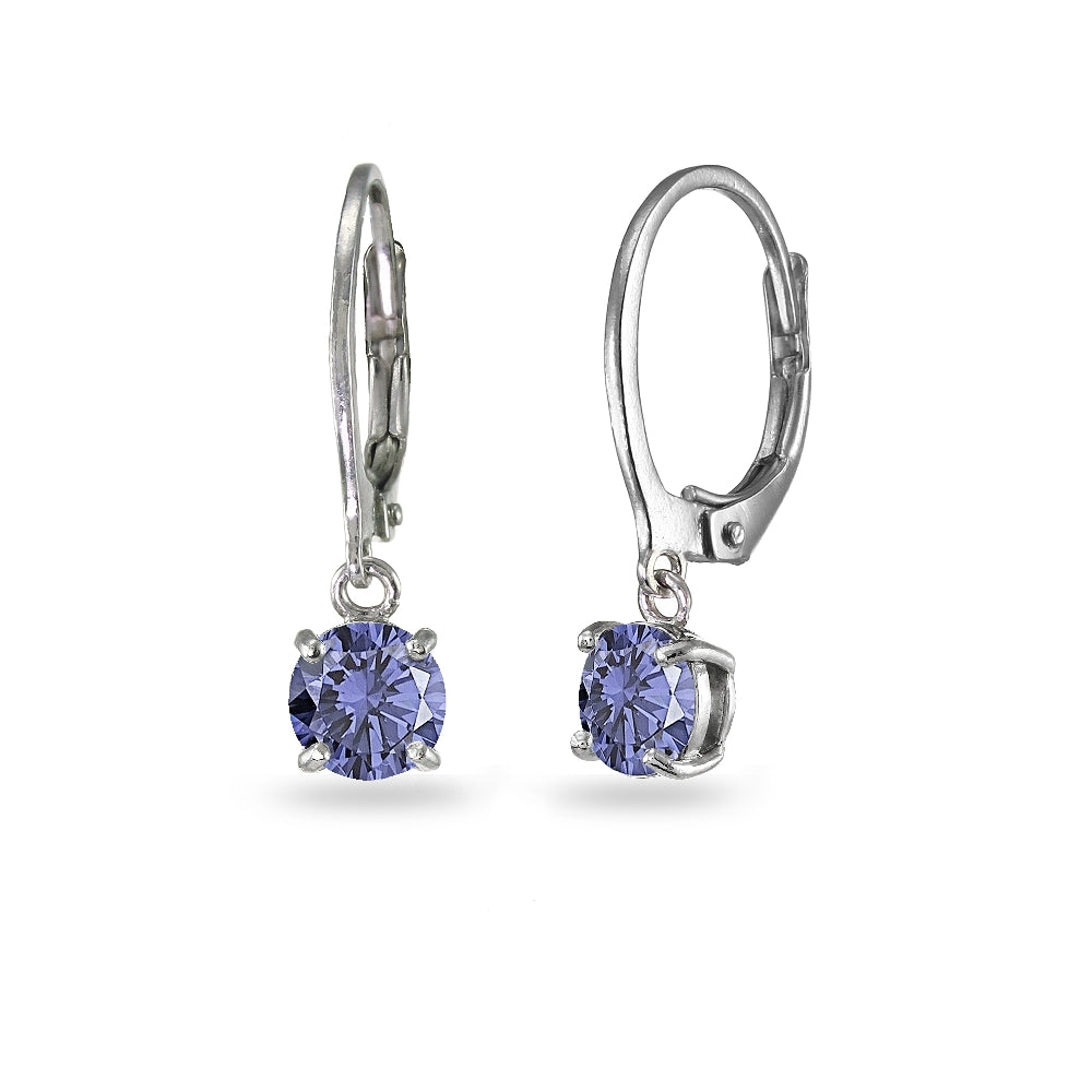 Sterling Silver Created Tanzanite 6mm Round Dangle Leverback Earrings