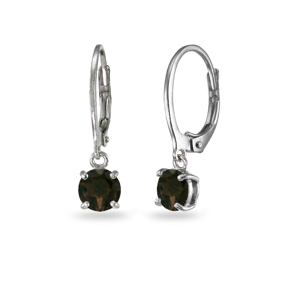 Sterling Silver Smokey Quartz 6mm Round Dangle Leverback Earrings