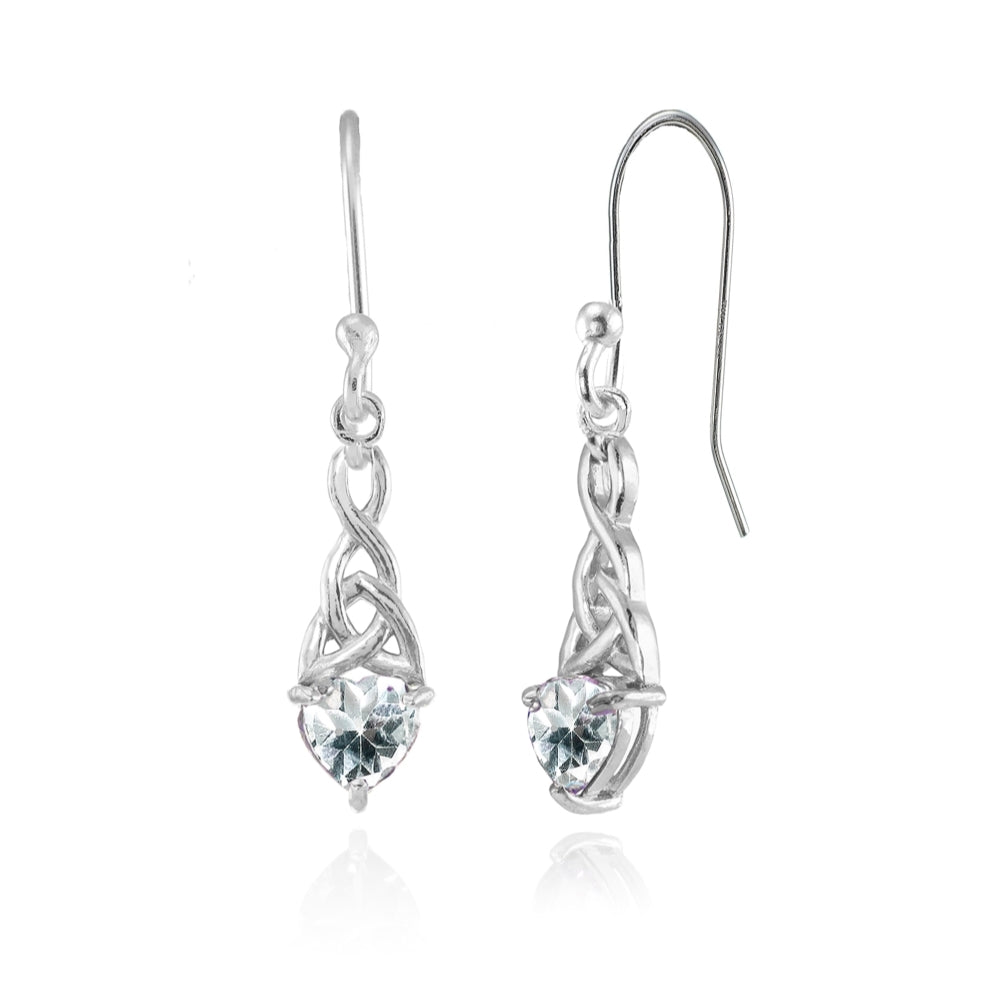 Sterling Silver Aquamarine 6x6mm Dainty Heart Celtic Knot Dangle Earrings