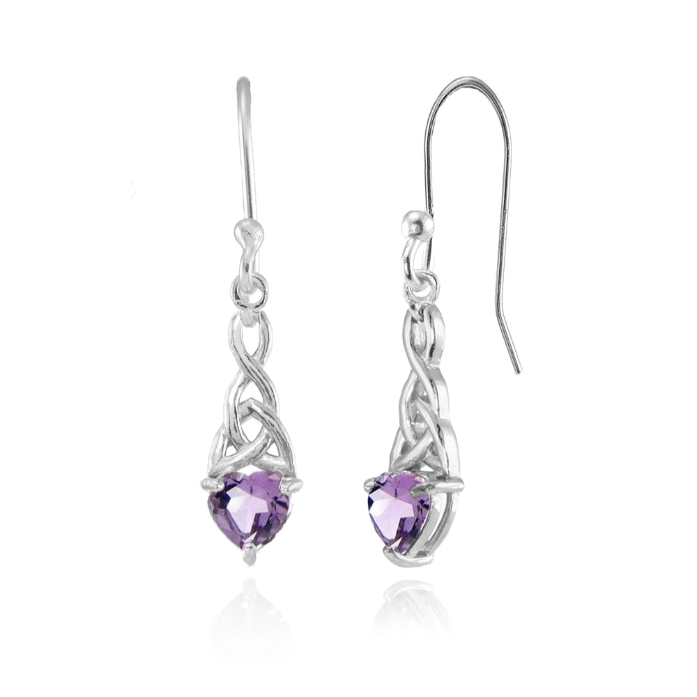 Sterling Silver Amethyst 6x6mm Dainty Heart Celtic Knot Dangle Earrings