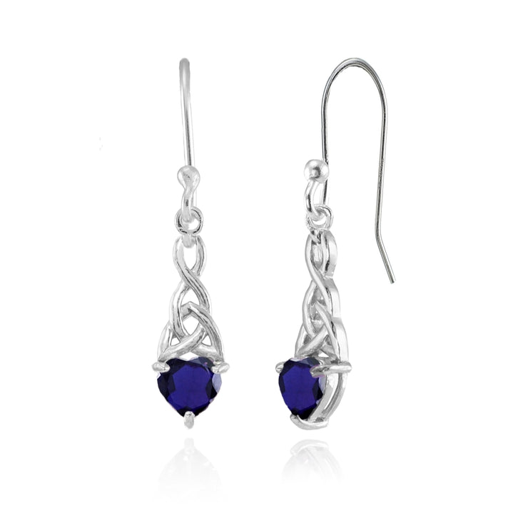 Sterling Silver Created Blue Sapphire 6x6mm Dainty Heart Celtic Knot Dangle Earrings