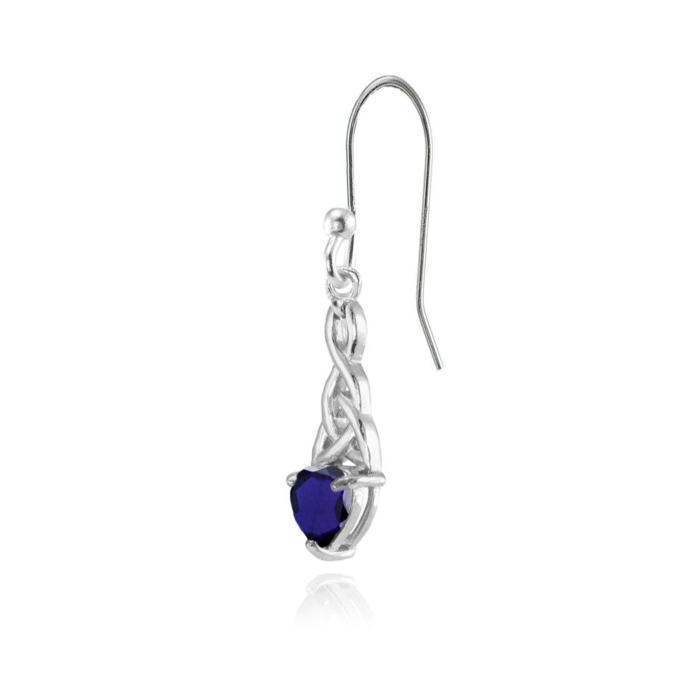 Sterling Silver Created Blue Sapphire 6x6mm Dainty Heart Celtic Knot Dangle Earrings-3