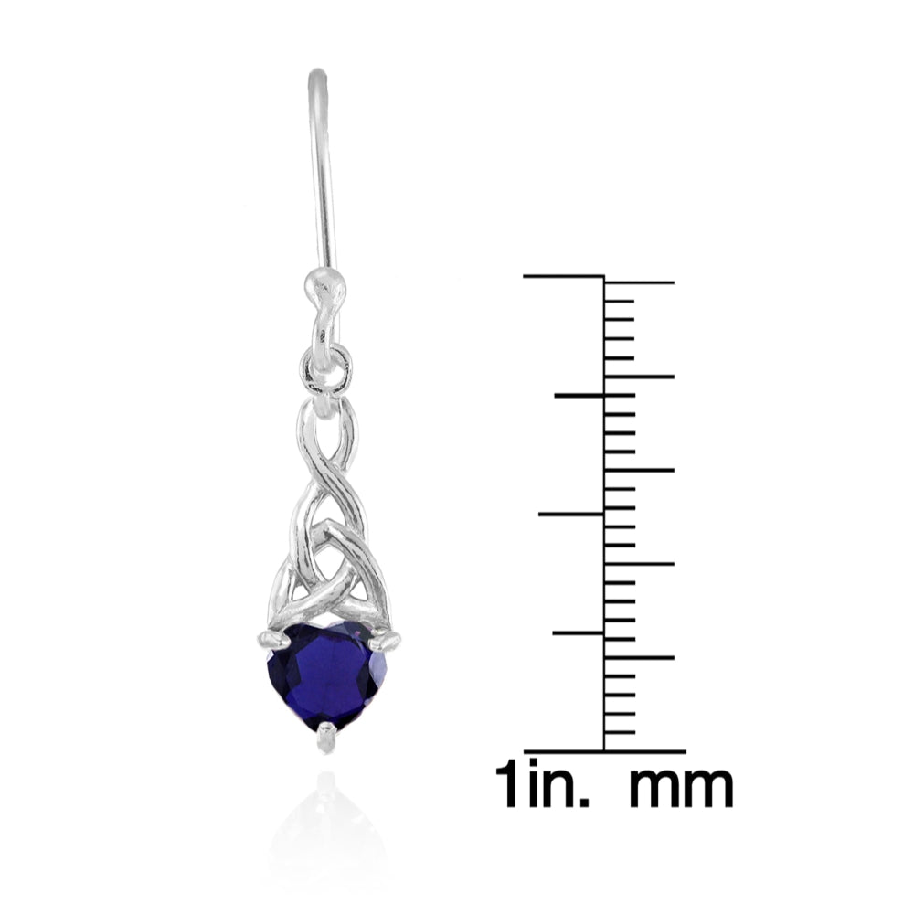 Sterling Silver Created Blue Sapphire 6x6mm Dainty Heart Celtic Knot Dangle Earrings-4