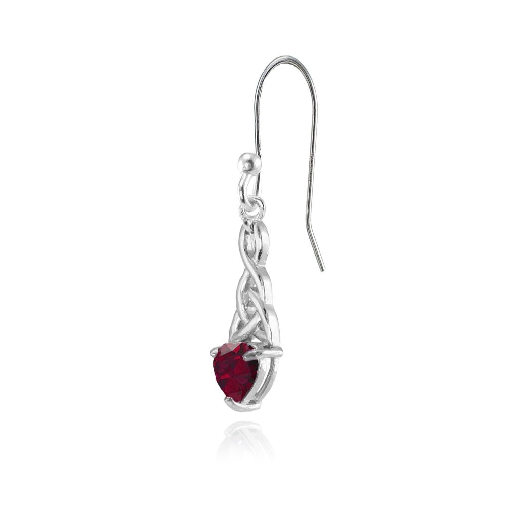 Sterling Silver Created Ruby 6x6mm Dainty Heart Celtic Knot Dangle Earrings-3