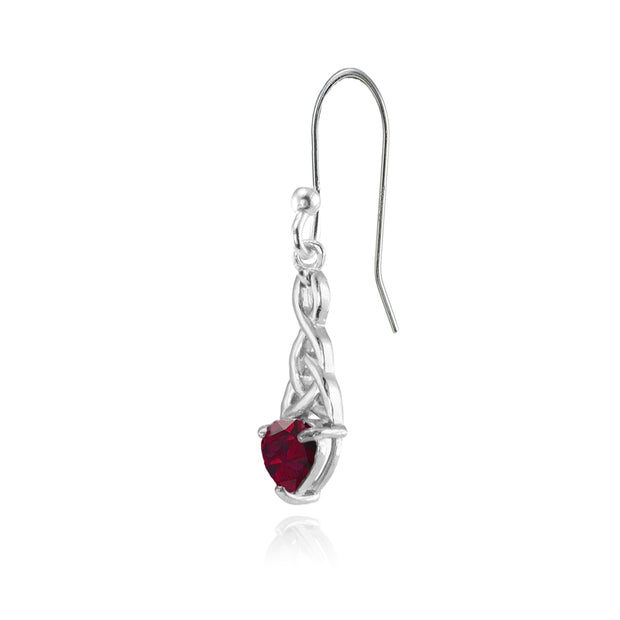 Sterling Silver Created Ruby 6x6mm Dainty Heart Celtic Knot Dangle Earrings