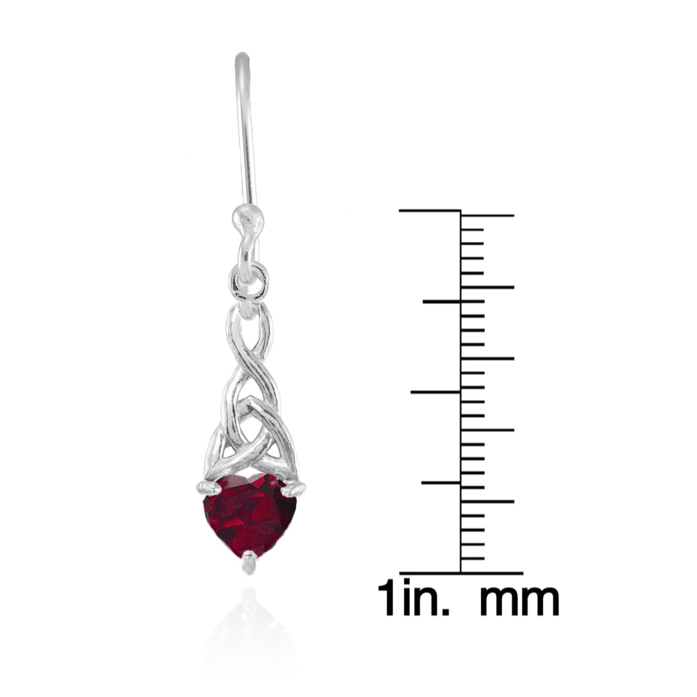 Sterling Silver Created Ruby 6x6mm Dainty Heart Celtic Knot Dangle Earrings-4