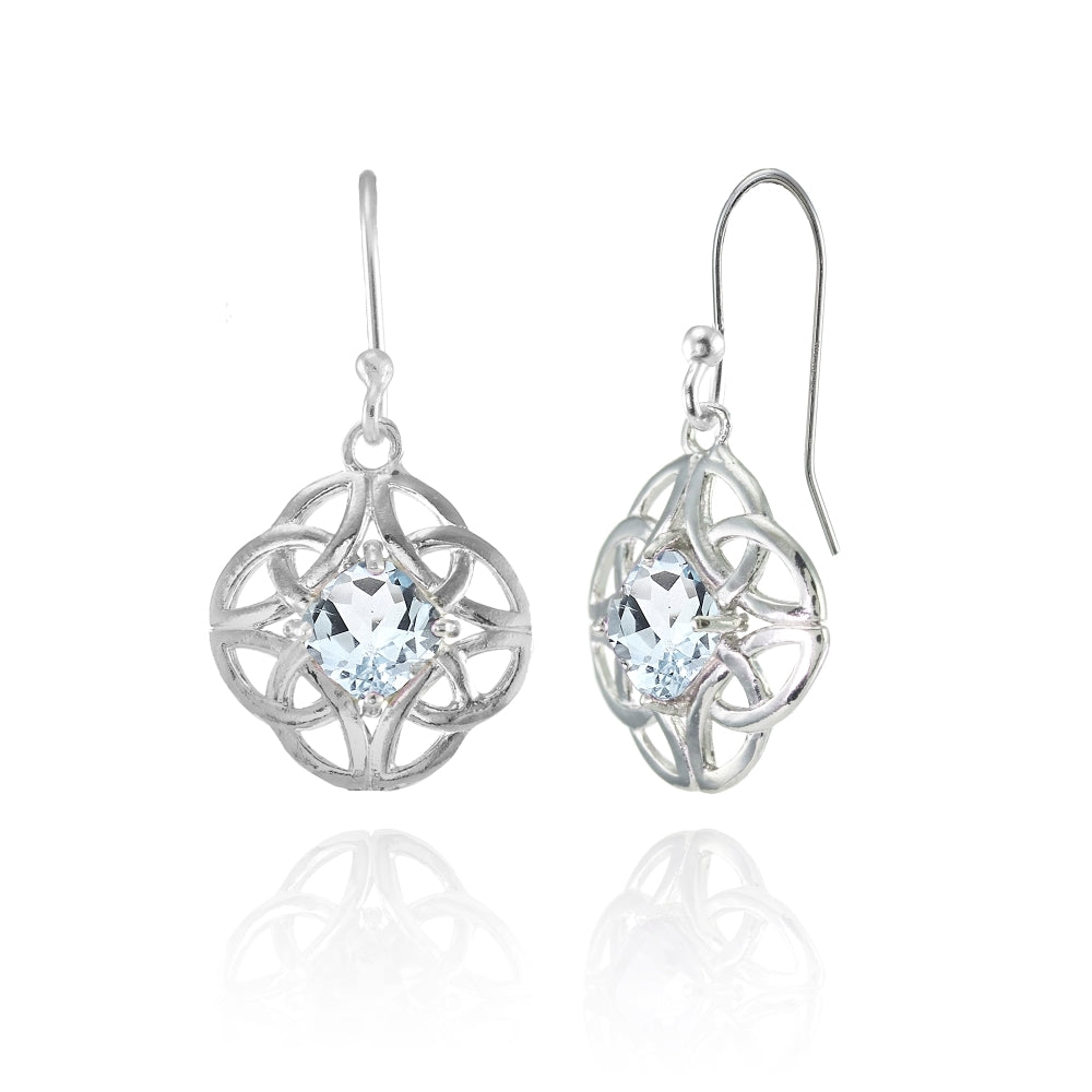 Sterling Silver Aquamarine 5x5mm Cushion-Cut Celtic Open Knot Dangle Earrings