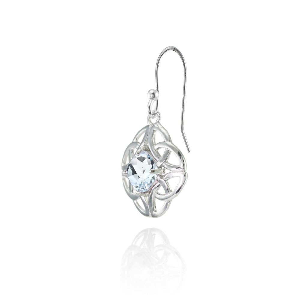 Sterling Silver Aquamarine 5x5mm Cushion-Cut Celtic Open Knot Dangle Earrings-3