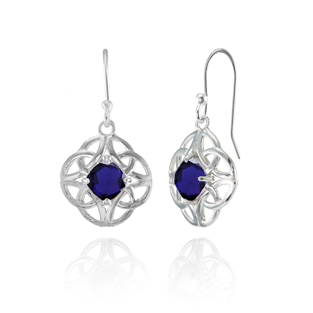 Sterling Silver Created Blue Sapphire 5x5mm Cushion-Cut Celtic Open Knot Dangle Earrings