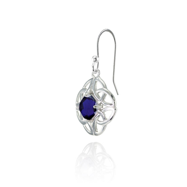 Sterling Silver Created Blue Sapphire 5x5mm Cushion-Cut Celtic Open Knot Dangle Earrings
