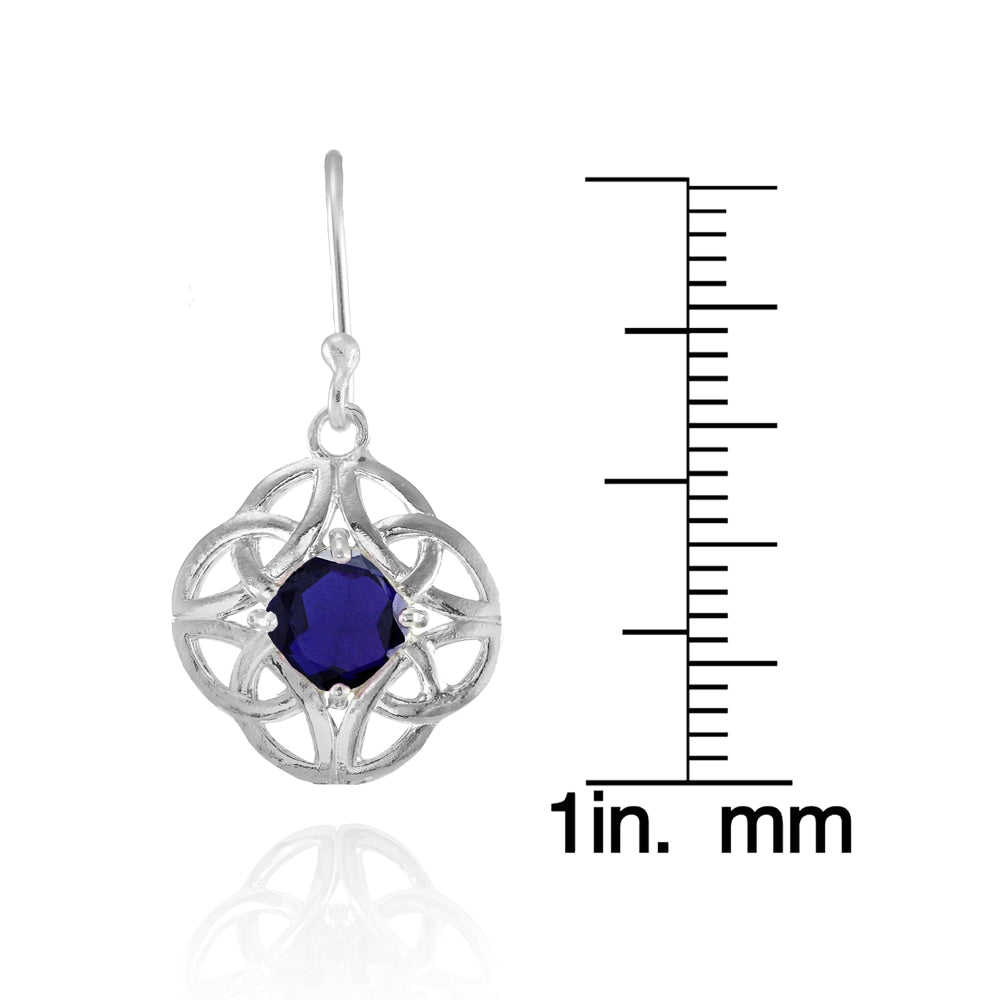 Sterling Silver Created Blue Sapphire 5x5mm Cushion-Cut Celtic Open Knot Dangle Earrings-4