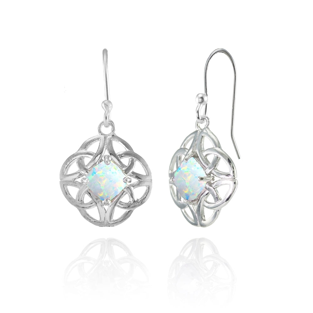 Sterling Silver Created White Opal 5x5mm Cushion-Cut Celtic Open Knot Dangle Earrings