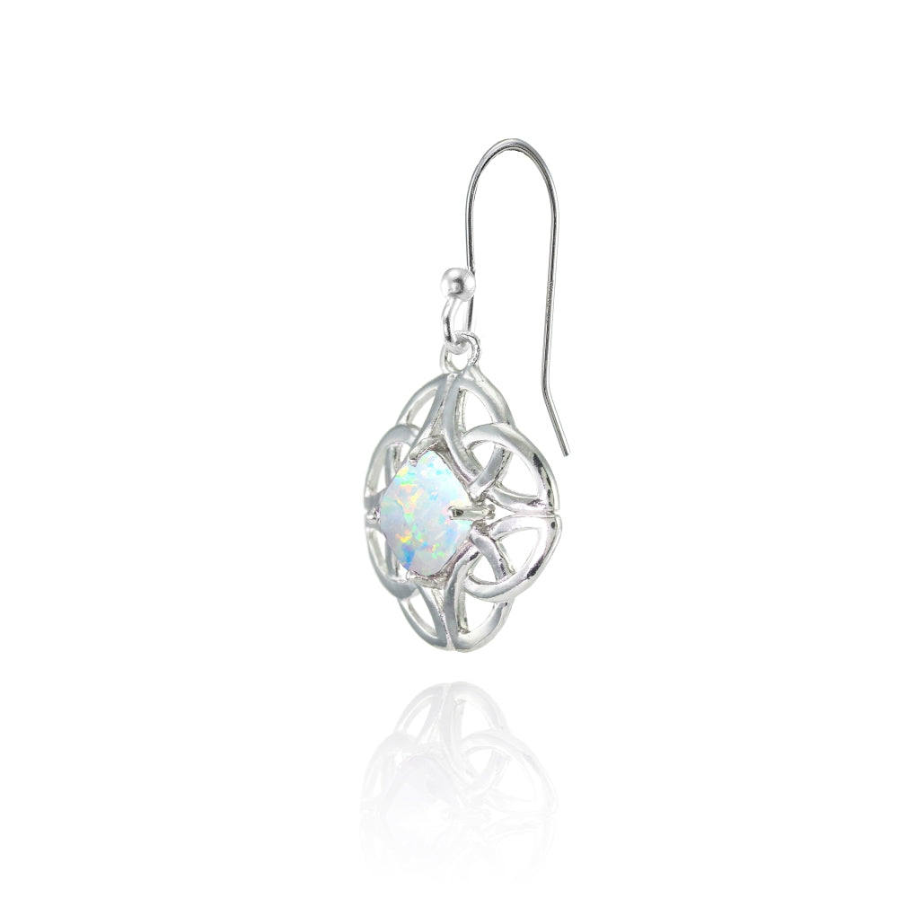 Sterling Silver Created White Opal 5x5mm Cushion-Cut Celtic Open Knot Dangle Earrings-3