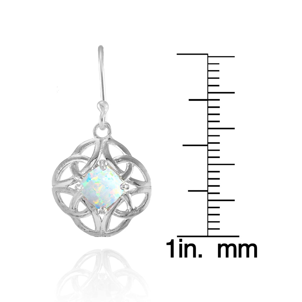 Sterling Silver Created White Opal 5x5mm Cushion-Cut Celtic Open Knot Dangle Earrings-4