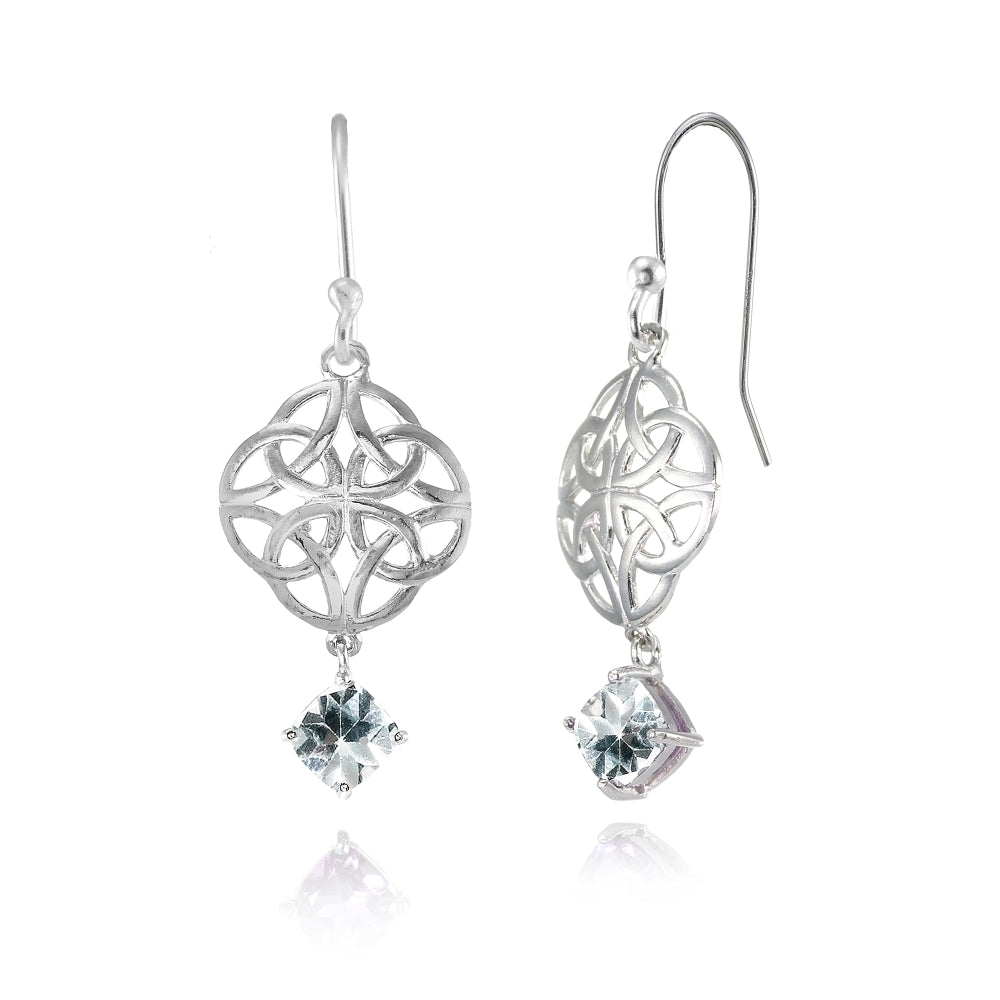 Sterling Silver Aquamarine 4x4mm Cushion-Cut Dangle Celtic Open Knot Drop Earrings