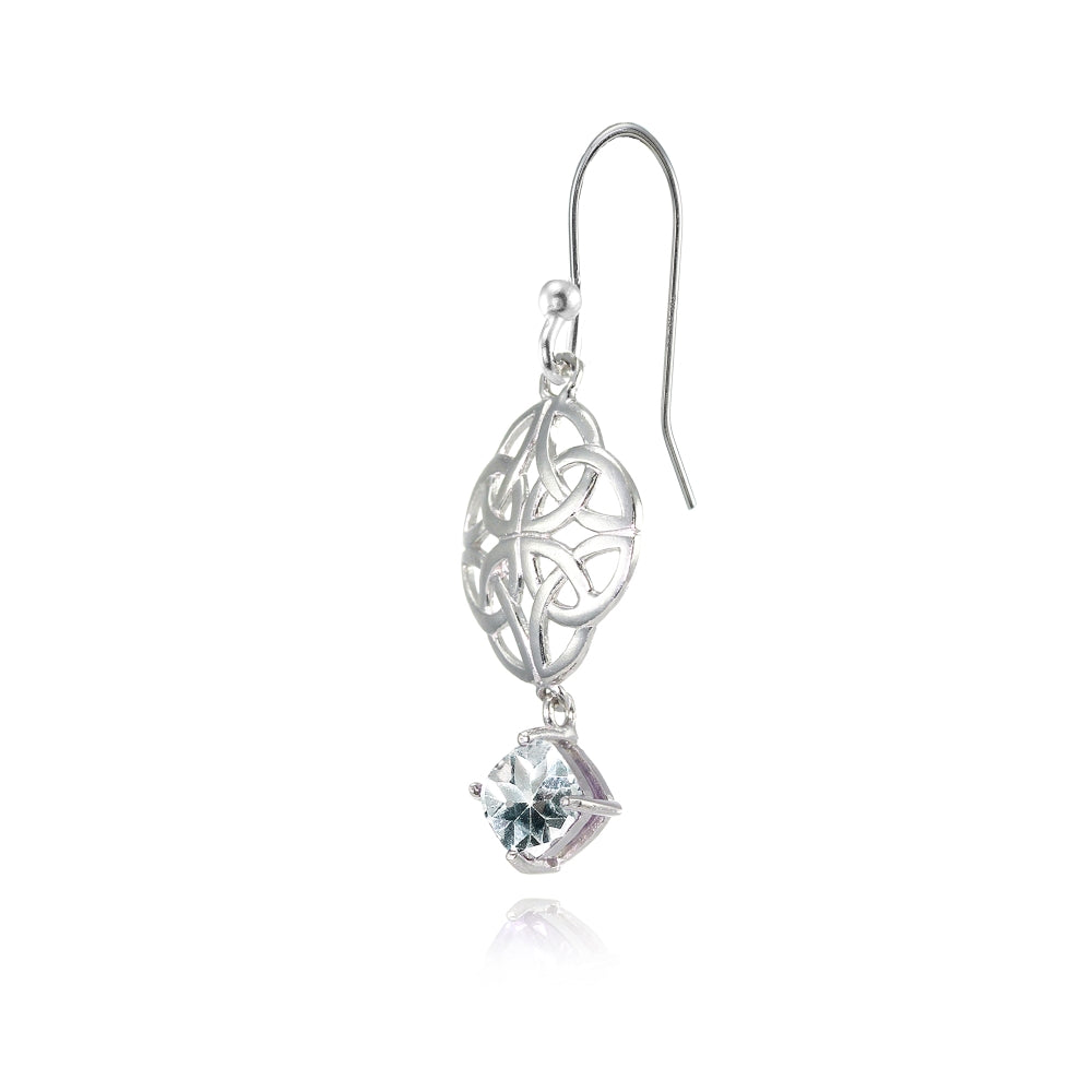 Sterling Silver Aquamarine 4x4mm Cushion-Cut Dangle Celtic Open Knot Drop Earrings-3