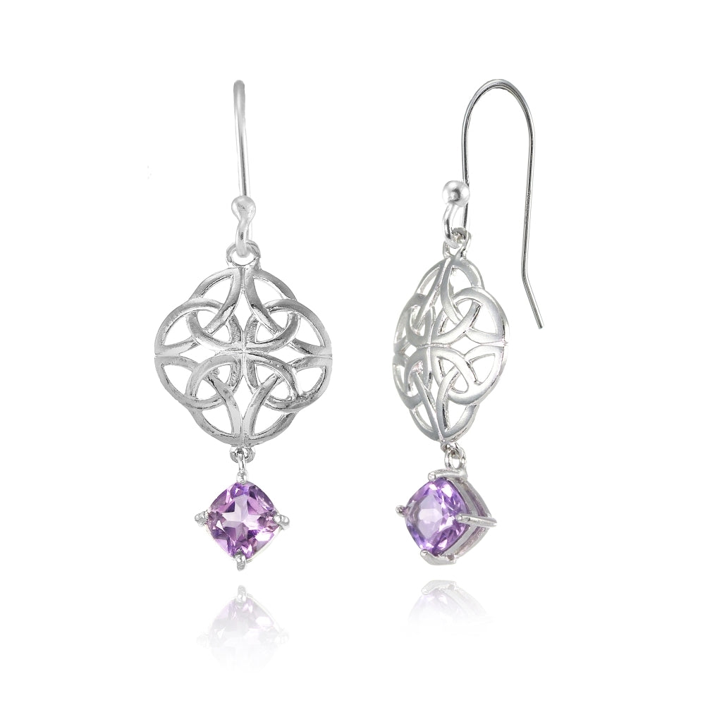 Sterling Silver Amethyst 4x4mm Cushion-Cut Dangle Celtic Open Knot Drop Earrings