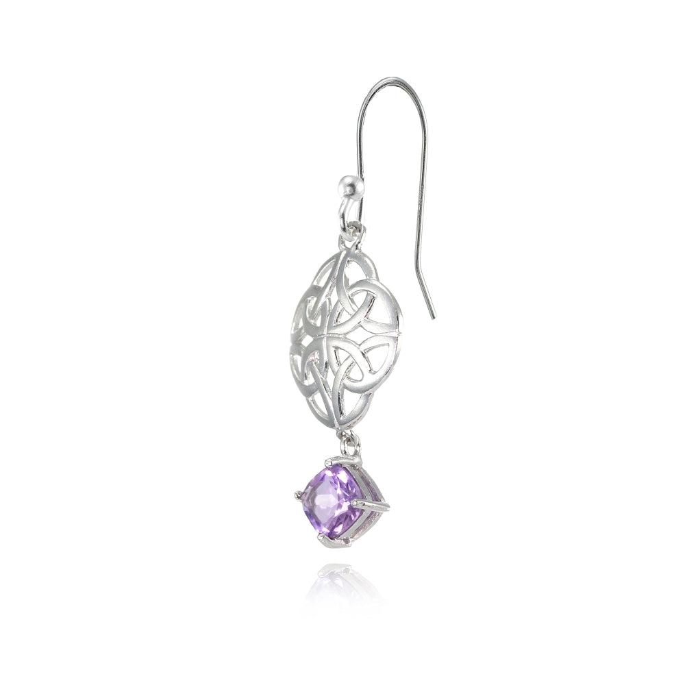 Sterling Silver Amethyst 4x4mm Cushion-Cut Dangle Celtic Open Knot Drop Earrings-3