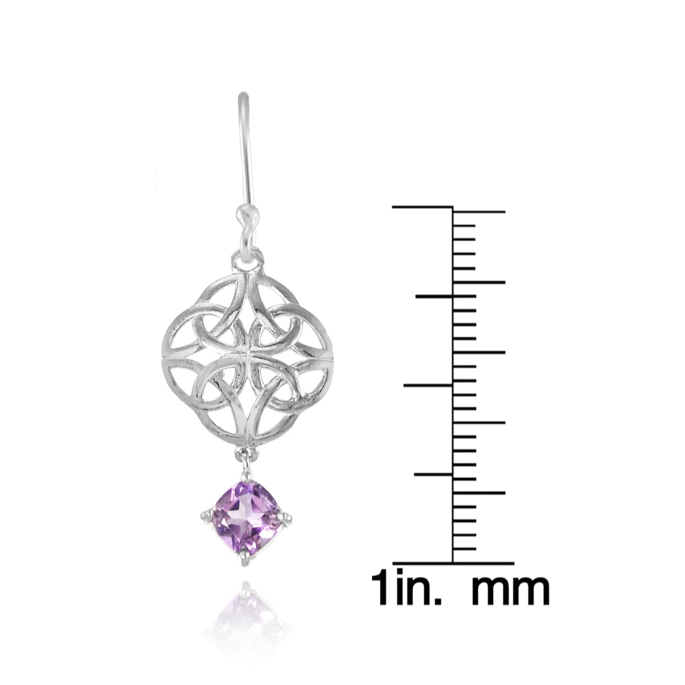 Sterling Silver Amethyst 4x4mm Cushion-Cut Dangle Celtic Open Knot Drop Earrings-4
