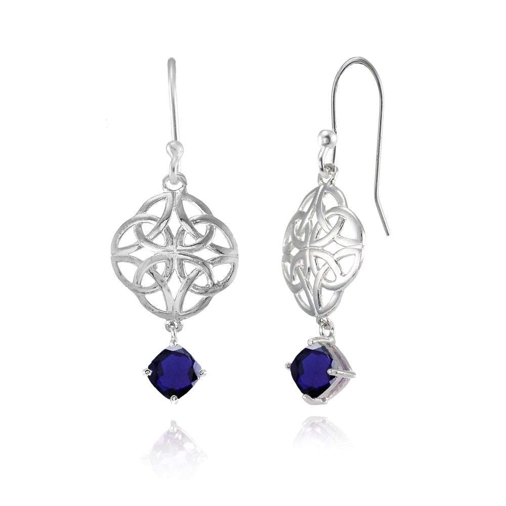 Sterling Silver Created Blue Sapphire 4x4mm Cushion-Cut Dangle Celtic Open Knot Drop Earrings