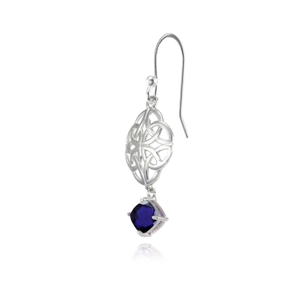 Sterling Silver Created Blue Sapphire 4x4mm Cushion-Cut Dangle Celtic Open Knot Drop Earrings-3