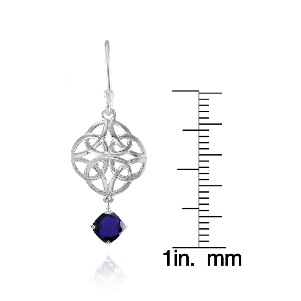 Sterling Silver Created Blue Sapphire 4x4mm Cushion-Cut Dangle Celtic Open Knot Drop Earrings-4