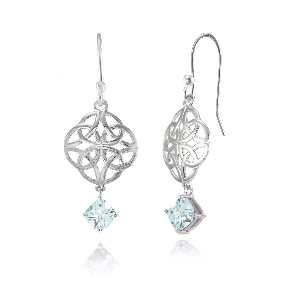 Sterling Silver Blue Topaz 4x4mm Cushion-Cut Dangle Celtic Open Knot Drop Earrings