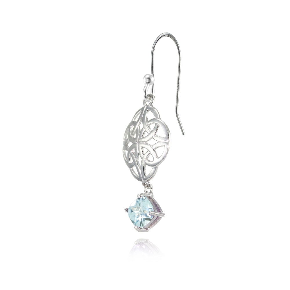 Sterling Silver Blue Topaz 4x4mm Cushion-Cut Dangle Celtic Open Knot Drop Earrings-3