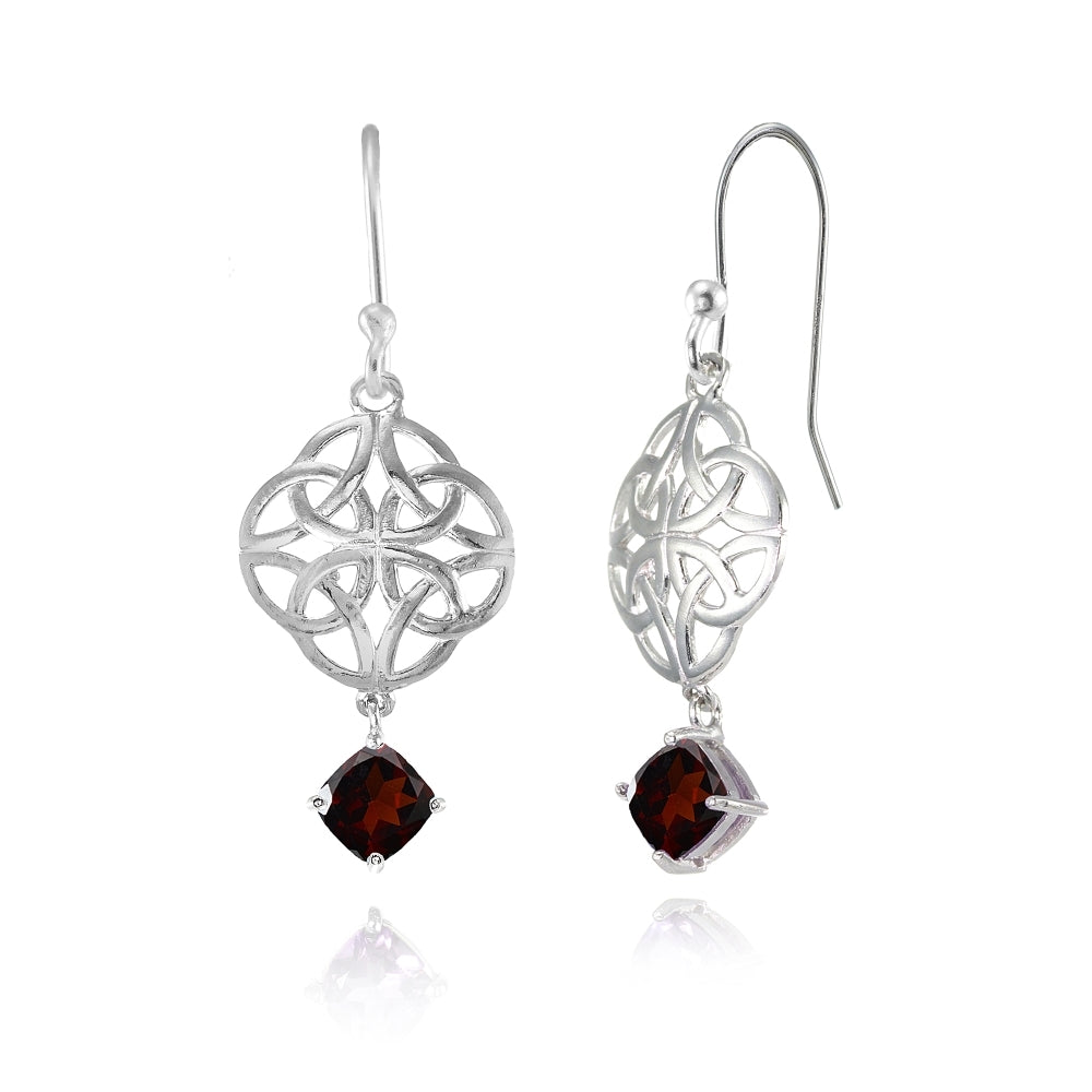 Sterling Silver Garnet 4x4mm Cushion-Cut Dangle Celtic Open Knot Drop Earrings