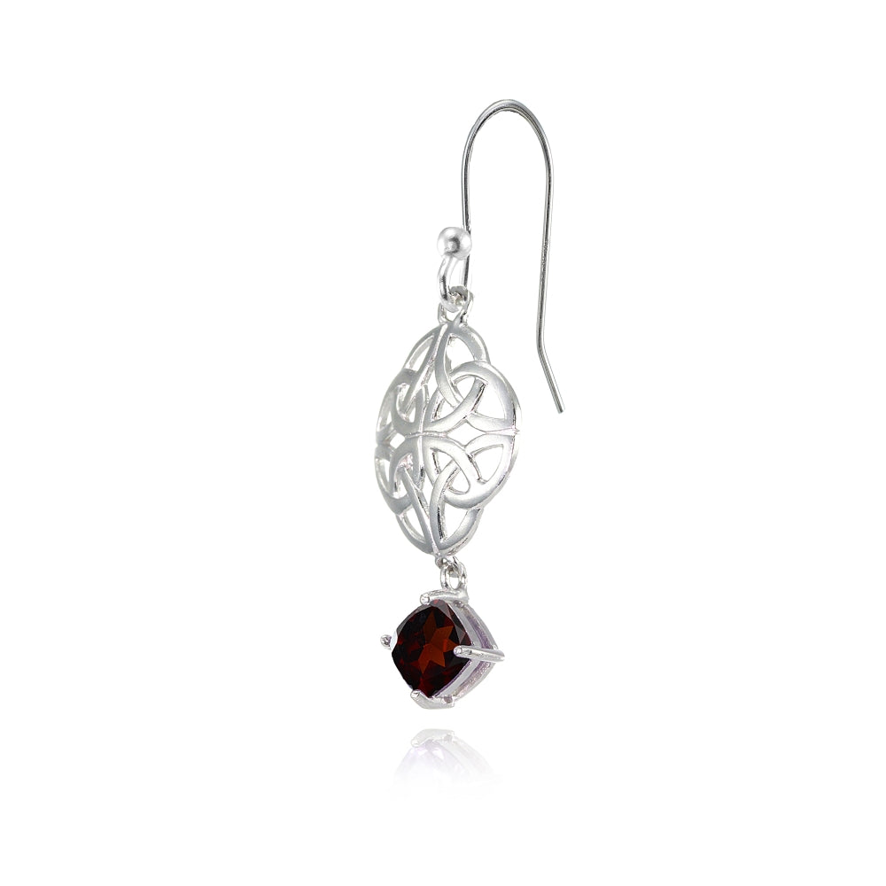 Sterling Silver Garnet 4x4mm Cushion-Cut Dangle Celtic Open Knot Drop Earrings-3