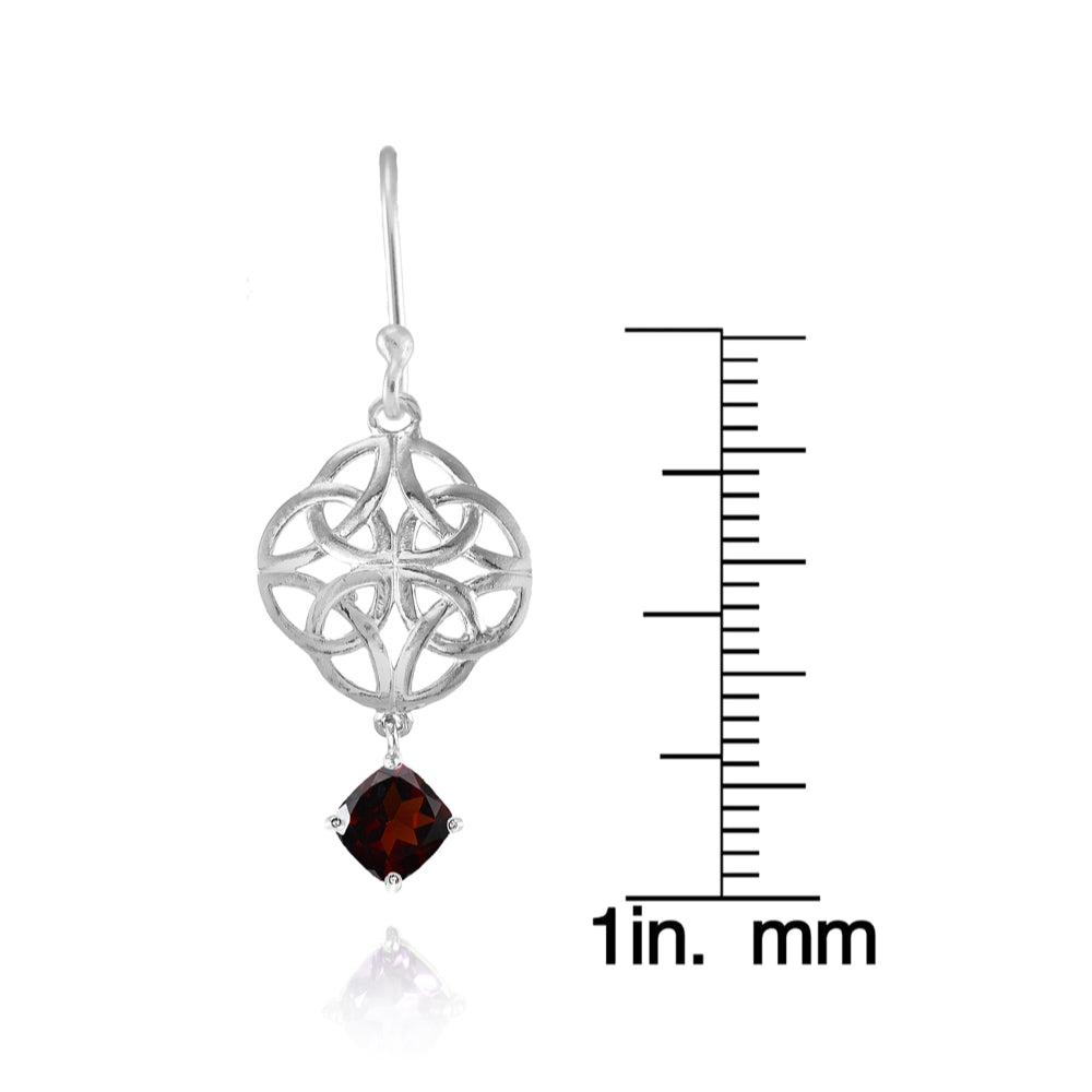 Sterling Silver Garnet 4x4mm Cushion-Cut Dangle Celtic Open Knot Drop Earrings-4