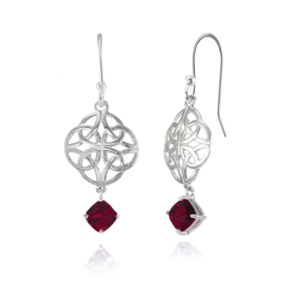 Sterling Silver Created Ruby 4x4mm Cushion-Cut Dangle Celtic Open Knot Drop Earrings