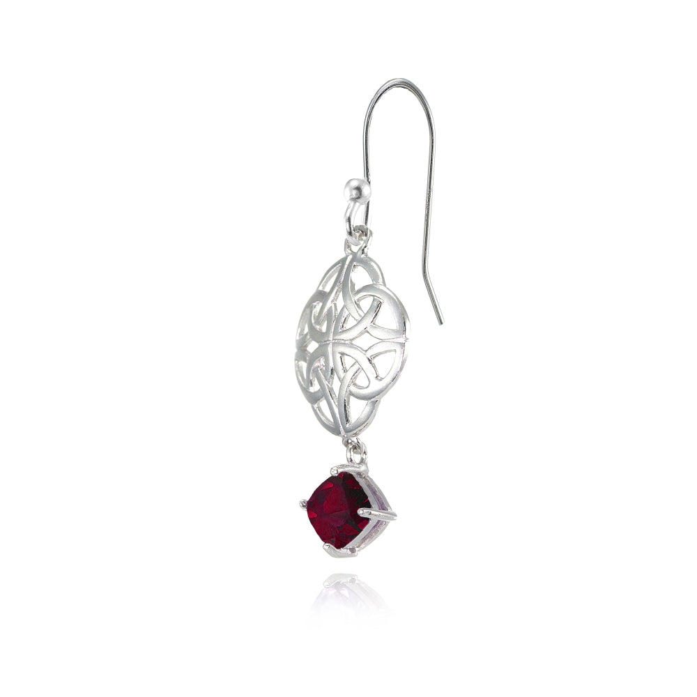 Sterling Silver Created Ruby 4x4mm Cushion-Cut Dangle Celtic Open Knot Drop Earrings-3