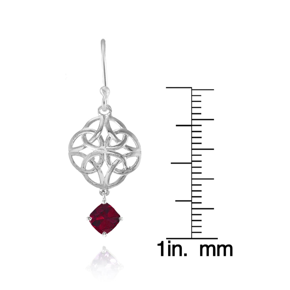 Sterling Silver Created Ruby 4x4mm Cushion-Cut Dangle Celtic Open Knot Drop Earrings-4