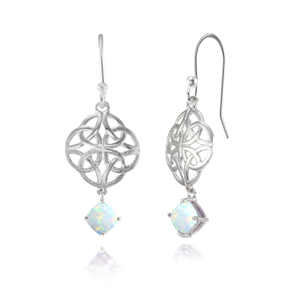 Sterling Silver Created White Opal 4x4mm Cushion-Cut Dangle Celtic Open Knot Drop Earrings