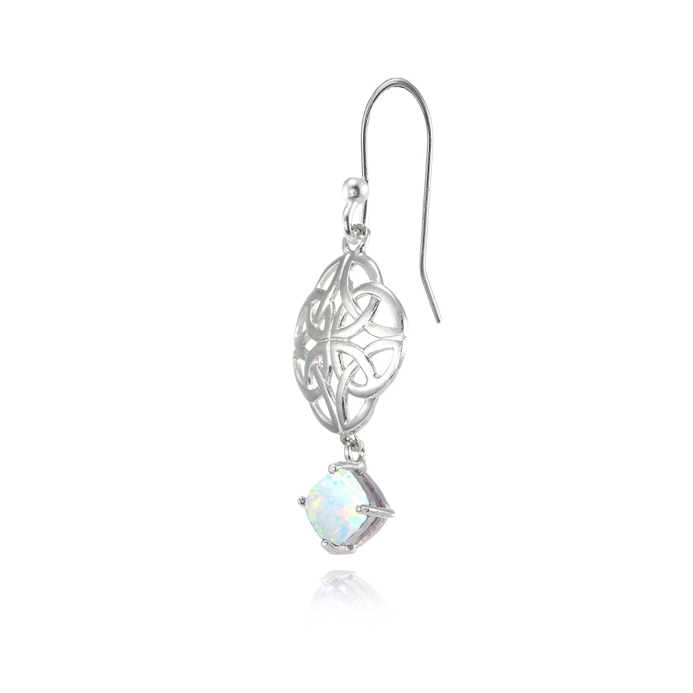 Sterling Silver Created White Opal 4x4mm Cushion-Cut Dangle Celtic Open Knot Drop Earrings-3