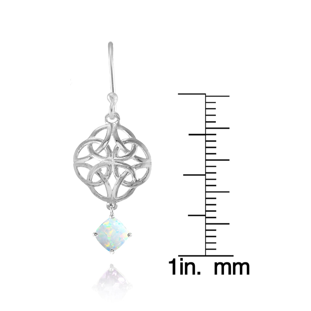 Sterling Silver Created White Opal 4x4mm Cushion-Cut Dangle Celtic Open Knot Drop Earrings-4