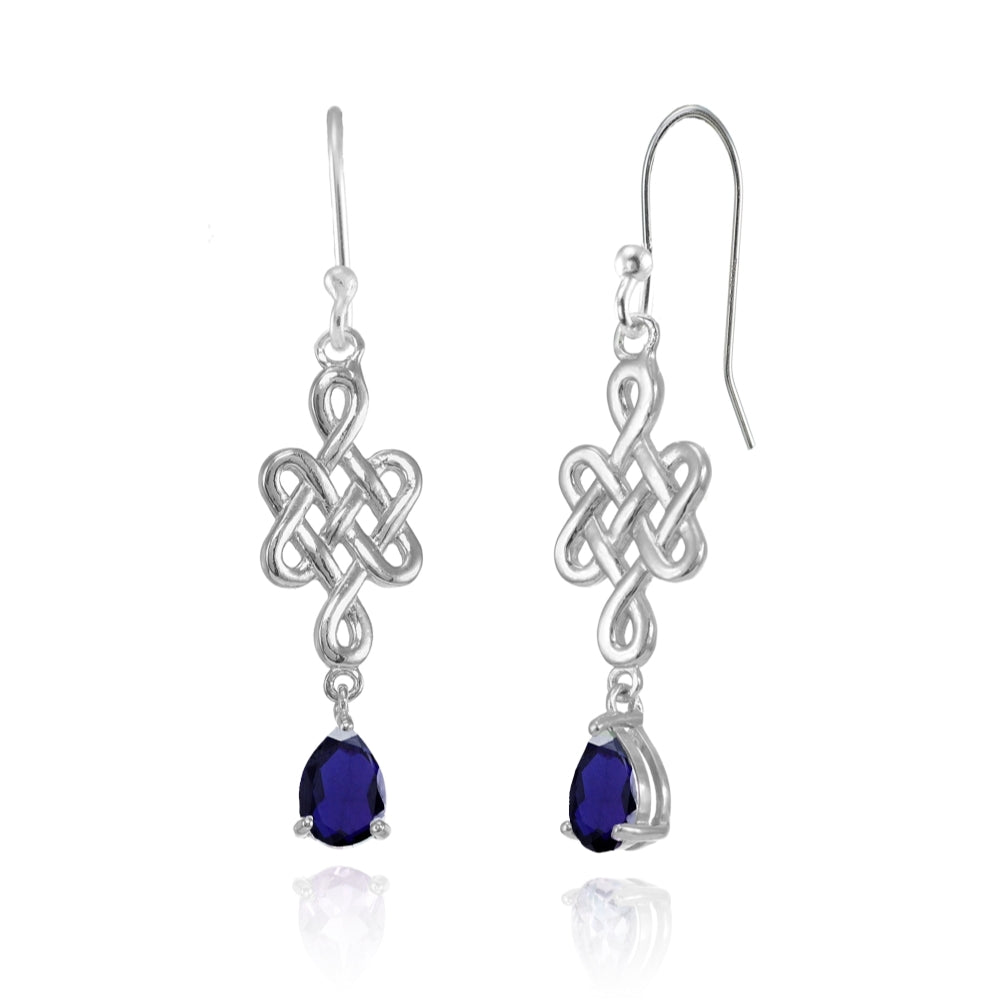 Sterling Silver Created Blue Sapphire 6x4mm Teardrop Celtic Infinity Knot Dangle Earrings