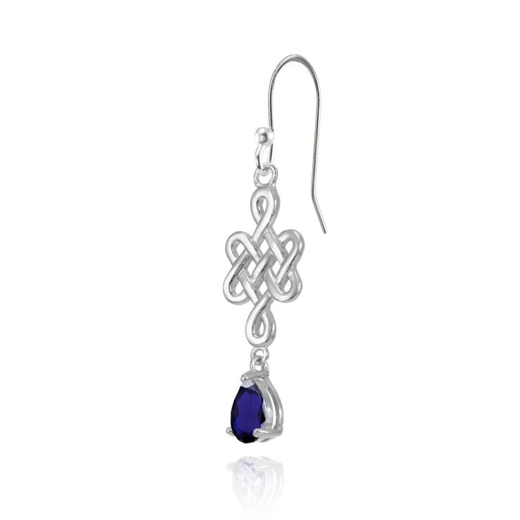 Sterling Silver Created Blue Sapphire 6x4mm Teardrop Celtic Infinity Knot Dangle Earrings