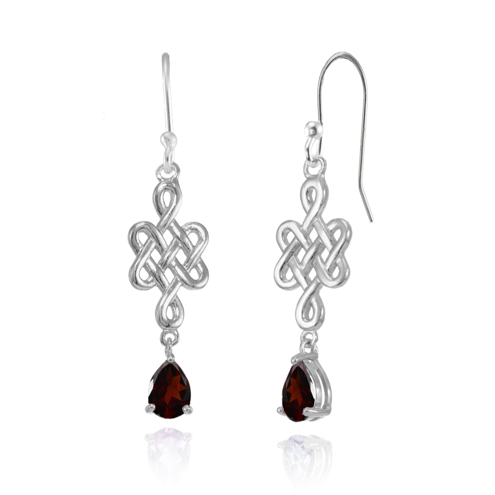 Sterling Silver Garnet 6x4mm Teardrop Celtic Infinity Knot Dangle Earrings