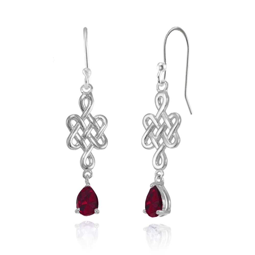 Sterling Silver Created Ruby 6x4mm Teardrop Celtic Infinity Knot Dangle Earrings