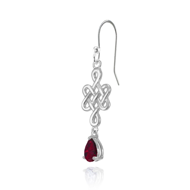 Sterling Silver Created Ruby 6x4mm Teardrop Celtic Infinity Knot Dangle Earrings
