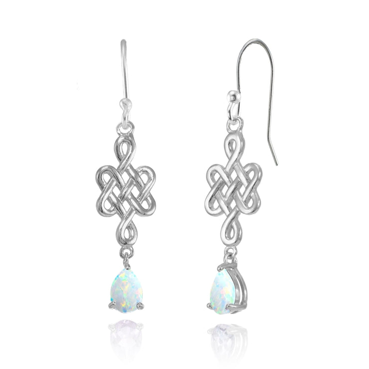 Sterling Silver Created White Opal 6x4mm Teardrop Celtic Infinity Knot Dangle Earrings