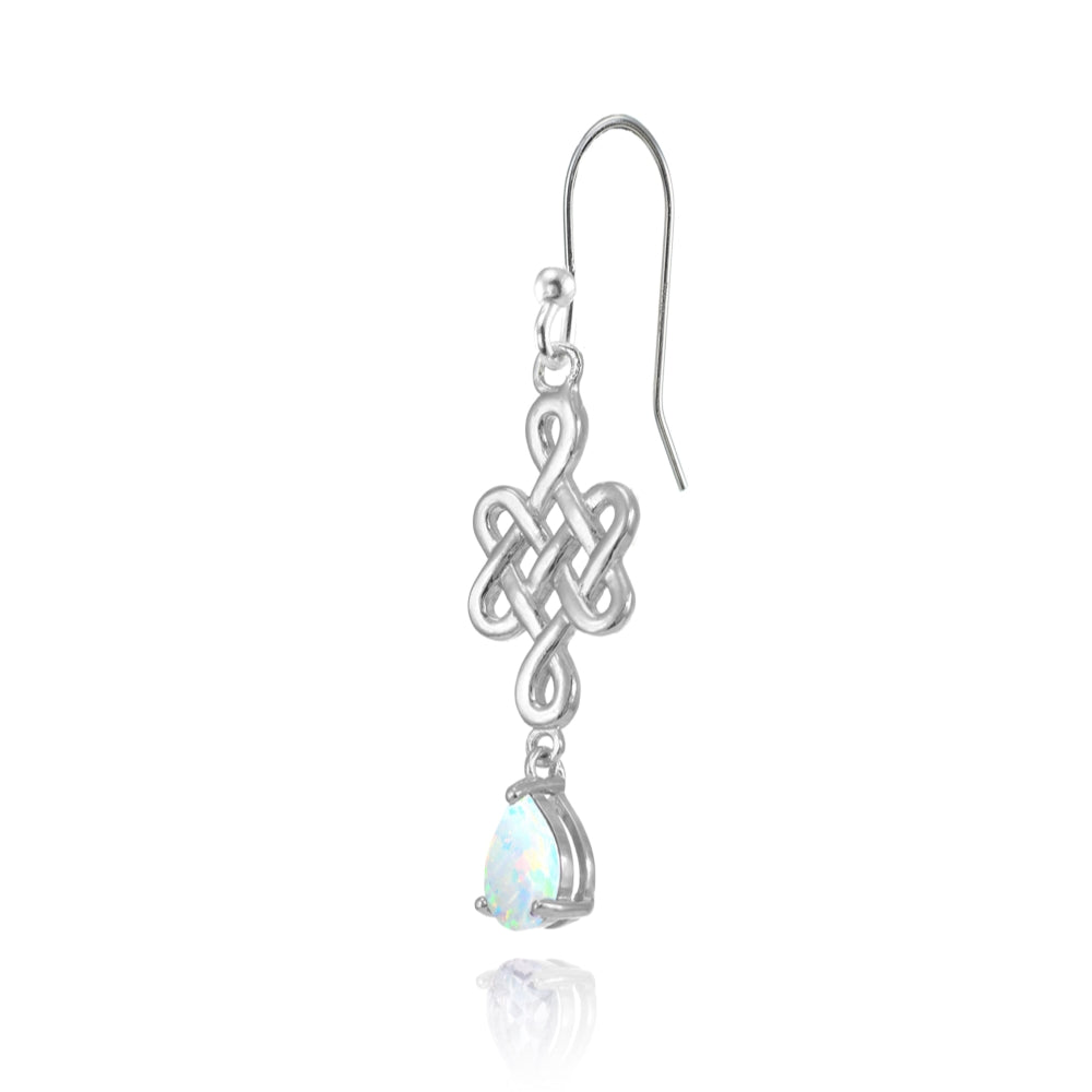 Sterling Silver Created White Opal 6x4mm Teardrop Celtic Infinity Knot Dangle Earrings-3