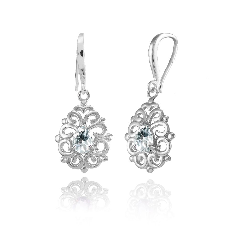 Sterling Silver Aquamarine 6x4mm Teardrop Filigree Dainty Dangle Earrings