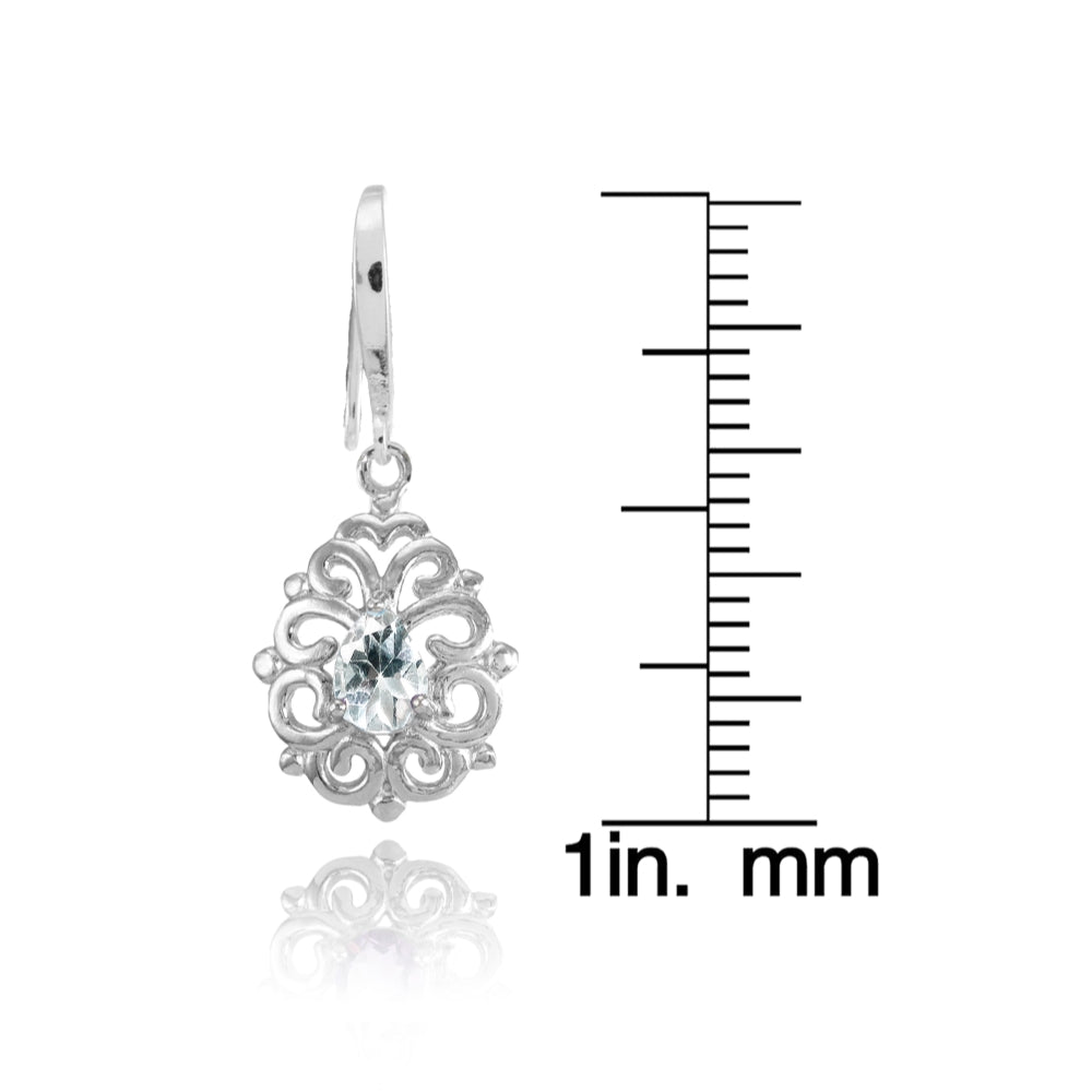Sterling Silver Aquamarine 6x4mm Teardrop Filigree Dainty Dangle Earrings-4