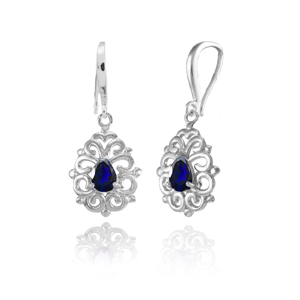 Sterling Silver Created Blue Sapphire 6x4mm Teardrop Filigree Dainty Dangle Earrings